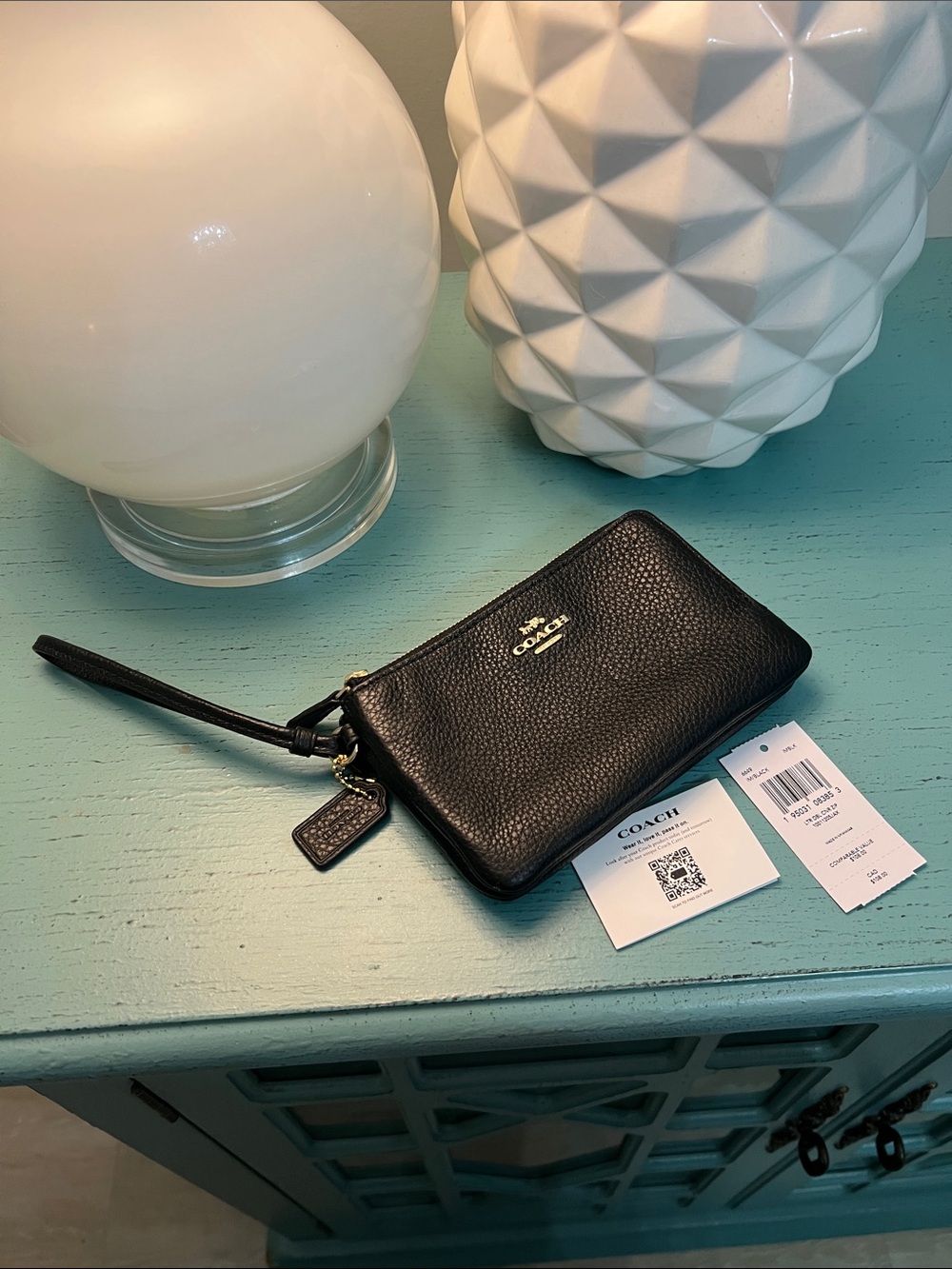 Coach Black Pebbled Leather Zip Wristlet with Gold Logo